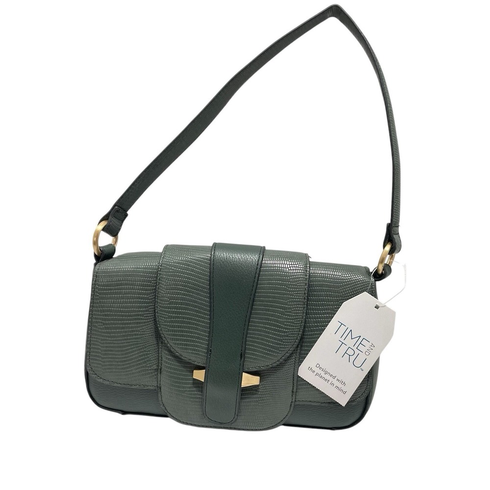Time and Tru Shoulder Bag Womens Small Green Lizard Embossed Baguette Bag